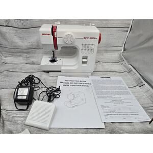Janome Sew Mini Sewing Machine Compact Portable White & Red With Box Paperwork